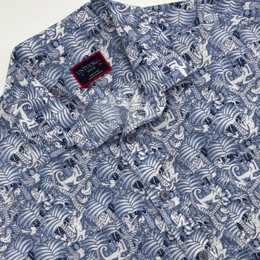 UNTUCKit Rajpal Short Sleeve‎ Button Up Shirt Blue Jungle Print Men's Small